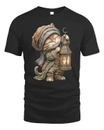 Whimsical Lantern Cat Fantasy Adventure Art Tee Shirt - black t-shirt on white background