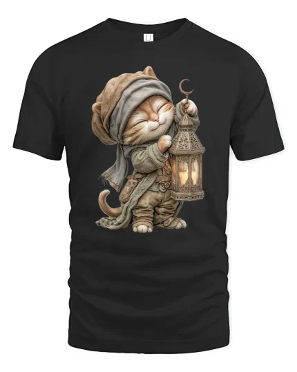 Whimsical Lantern Cat Fantasy Adventure Art Tee Shirt - black t-shirt on white background