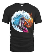 Cosmic Wave Rider Astronaut Surfing Adventure Graphic Tee - black t-shirt on white background