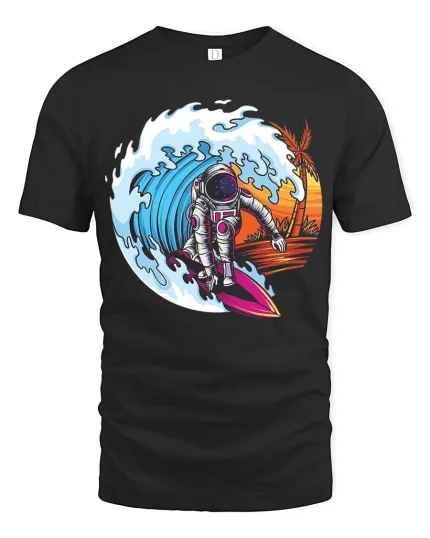 Cosmic Wave Rider Astronaut Surfing Adventure Graphic Tee - black t-shirt on white background