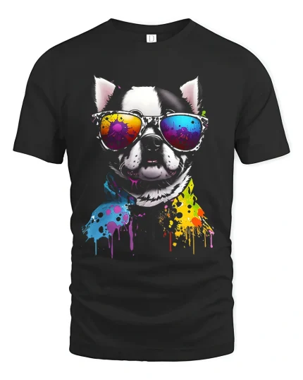 Color Splash Cool Dog Tee with Retro Sunglasses Vibe - black t-shirt on white background