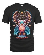 Mystic Antlered Owl Spirit Tee with Glowing Fantasy Art Design - black t-shirt on white background