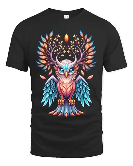 Mystic Antlered Owl Spirit Tee with Glowing Fantasy Art Design - black t-shirt on white background
