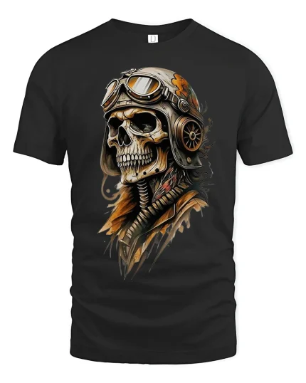 Aviator Skull Pilot Tee with Vintage Steampunk Helmet Art - black t-shirt on white background