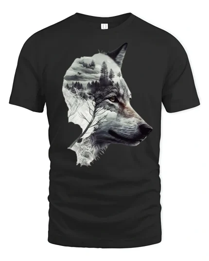 Mystic Forest Wolf Silhouette Art Tee for Nature Lovers - black t-shirt on white background