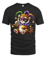 Cute Mardi Gras Tiger Playing Trumpet Festive Carnival T-Shirt - black t-shirt on white background