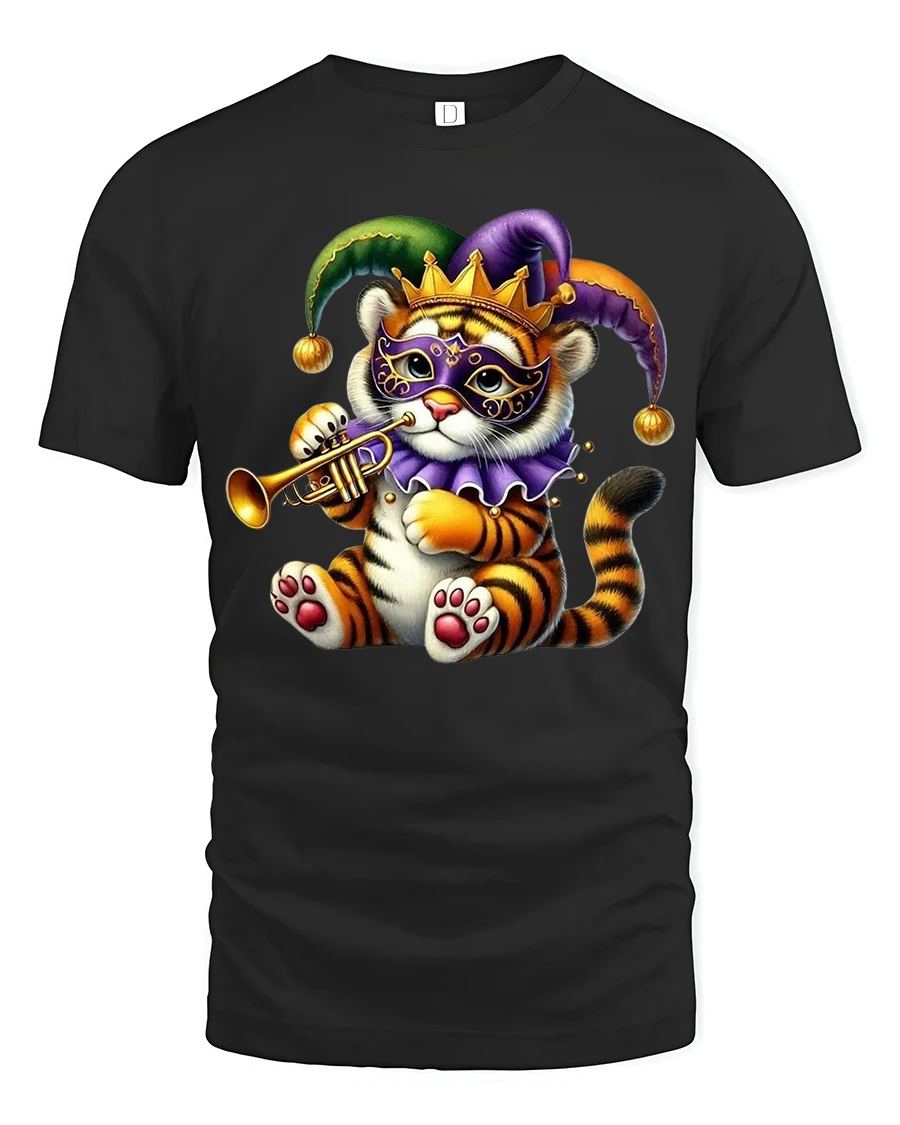 Cute Mardi Gras Tiger Playing Trumpet Festive Carnival T-Shirt - 1 Cute Mardi Gras Tiger Playing Trumpet Festive Carnival T-Shirt - black t-shirt on white background