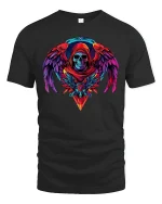 Vibrant Neon Skull Angel Wings Dark Fantasy Graphic T-Shirt - black t-shirt on white background