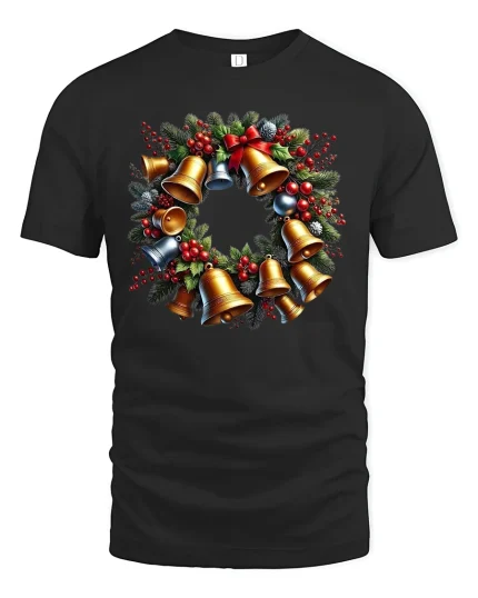Elegant Christmas Bell Wreath Holiday Festive Graphic T-Shirt - black t-shirt on white background