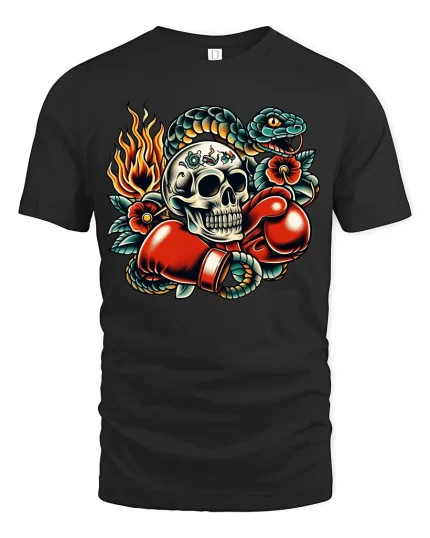 Skull Boxer Strike Tee with Fiery Snake Tattoo Art Style - black t-shirt on white background