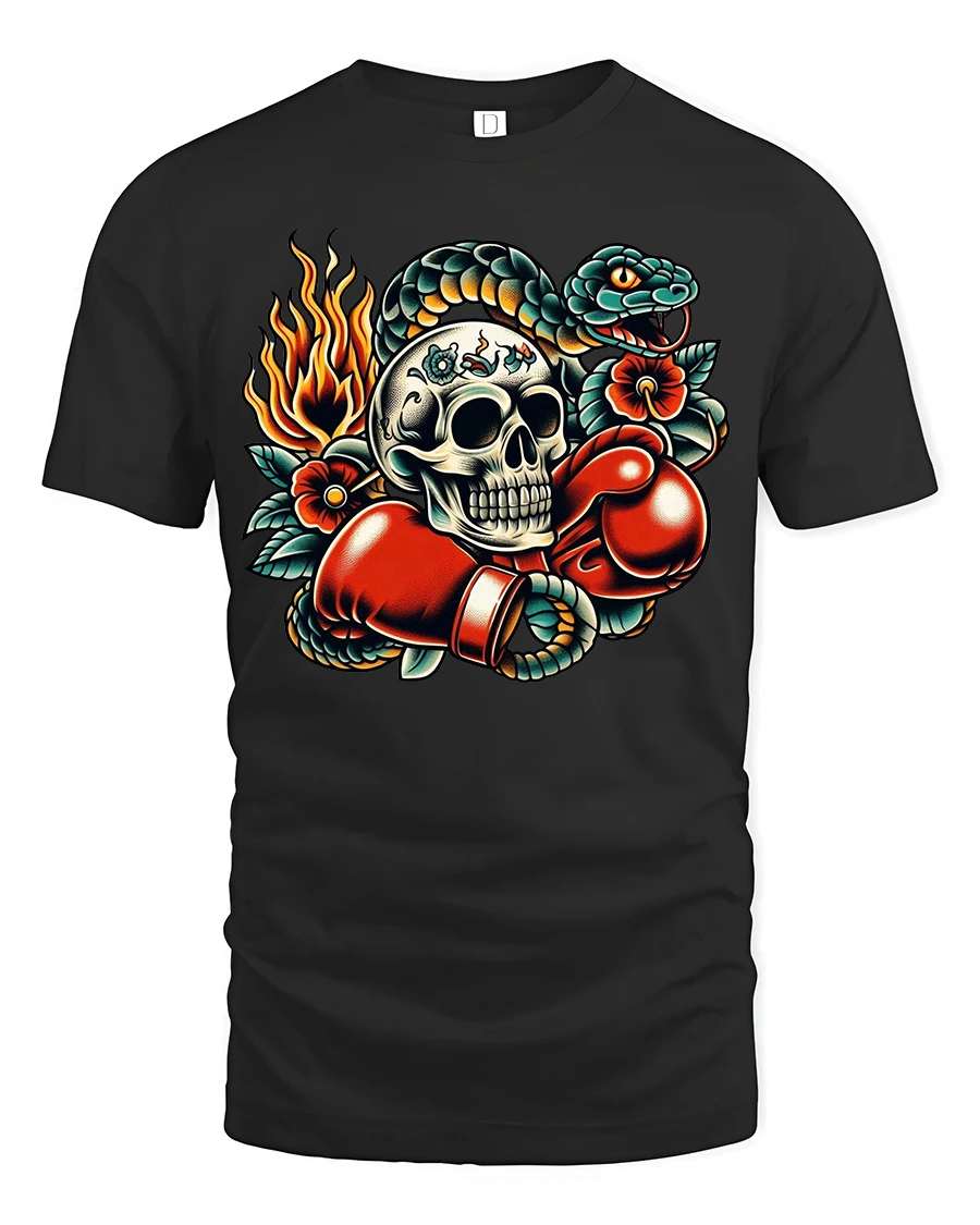 Skull Boxer Strike Tee with Fiery Snake Tattoo Art Style - 1 Skull Boxer Strike Tee with Fiery Snake Tattoo Art Style - black t-shirt on white background