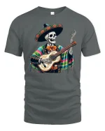 Mexican Skeleton Guitarist Art Tee for Day of the Dead Fans - gray t-shirt on white background