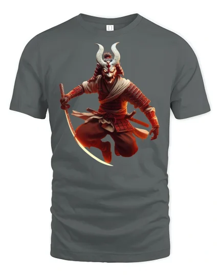 Epic Samurai Demon Warrior Battle Stance Graphic Tee Shirt - gray t-shirt on white background