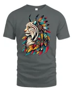 Majestic Tribal Lynx Spirit Feather Art Graphic T-Shirt Tee - gray t-shirt on white background