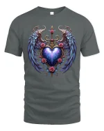Celestial Heart Wings Tee with Roses and Cosmic Glow Art - gray t-shirt on white background