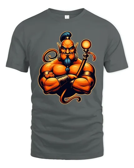 Powerful Muscular Genie Character Bold Fantasy Graphic T-Shirt - gray t-shirt on white background