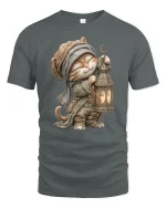 Whimsical Lantern Cat Fantasy Adventure Art Tee Shirt - gray t-shirt on white background