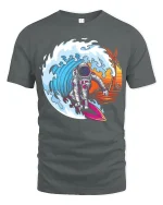 Cosmic Wave Rider Astronaut Surfing Adventure Graphic Tee - gray t-shirt on white background