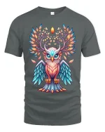 Mystic Antlered Owl Spirit Tee with Glowing Fantasy Art Design - gray t-shirt on white background