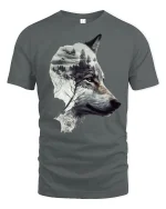 Mystic Forest Wolf Silhouette Art Tee for Nature Lovers - gray t-shirt on white background