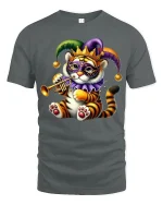 Cute Mardi Gras Tiger Playing Trumpet Festive Carnival T-Shirt - gray t-shirt on white background