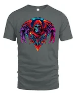 Vibrant Neon Skull Angel Wings Dark Fantasy Graphic T-Shirt - gray t-shirt on white background