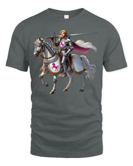 Epic Knight on White Horse Fantasy Warrior Illustration T-Shirt - gray t-shirt on white background
