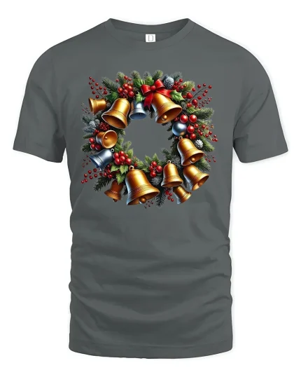 Elegant Christmas Bell Wreath Holiday Festive Graphic T-Shirt - gray t-shirt on white background