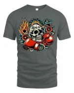 Skull Boxer Strike Tee with Fiery Snake Tattoo Art Style - gray t-shirt on white background