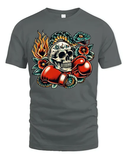 Skull Boxer Strike Tee with Fiery Snake Tattoo Art Style - gray t-shirt on white background