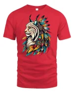 Majestic Tribal Lynx Spirit Feather Art Graphic T-Shirt Tee - red t-shirt on white background