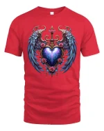 Celestial Heart Wings Tee with Roses and Cosmic Glow Art - red t-shirt on white background