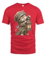 Whimsical Lantern Cat Fantasy Adventure Art Tee Shirt - red t-shirt on white background