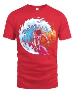 Cosmic Wave Rider Astronaut Surfing Adventure Graphic Tee - red t-shirt on white background