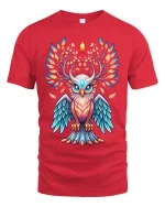Mystic Antlered Owl Spirit Tee with Glowing Fantasy Art Design - red t-shirt on white background