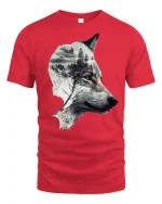 Mystic Forest Wolf Silhouette Art Tee for Nature Lovers - red t-shirt on white background