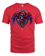 Vibrant Neon Skull Angel Wings Dark Fantasy Graphic T-Shirt - red t-shirt on white background