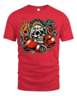 Skull Boxer Strike Tee with Fiery Snake Tattoo Art Style - red t-shirt on white background