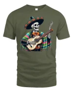 Mexican Skeleton Guitarist Art Tee for Day of the Dead Fans - military green t-shirt on white background