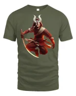 Epic Samurai Demon Warrior Battle Stance Graphic Tee Shirt - military green t-shirt on white background