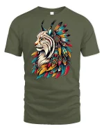 Majestic Tribal Lynx Spirit Feather Art Graphic T-Shirt Tee - military green t-shirt on white background