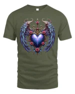 Celestial Heart Wings Tee with Roses and Cosmic Glow Art - military green t-shirt on white background