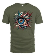 Exploding Vision Art Tee - Colorful Surreal Eye Graphic Tshirt - military green t-shirt on white background