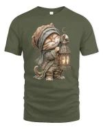 Whimsical Lantern Cat Fantasy Adventure Art Tee Shirt - military green t-shirt on white background