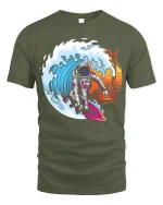 Cosmic Wave Rider Astronaut Surfing Adventure Graphic Tee - military green t-shirt on white background