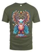 Mystic Antlered Owl Spirit Tee with Glowing Fantasy Art Design - military green t-shirt on white background