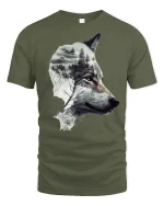 Mystic Forest Wolf Silhouette Art Tee for Nature Lovers - military green t-shirt on white background