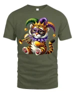 Cute Mardi Gras Tiger Playing Trumpet Festive Carnival T-Shirt - military green t-shirt on white background