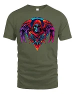 Vibrant Neon Skull Angel Wings Dark Fantasy Graphic T-Shirt - military green t-shirt on white background