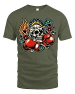 Skull Boxer Strike Tee with Fiery Snake Tattoo Art Style - military green t-shirt on white background